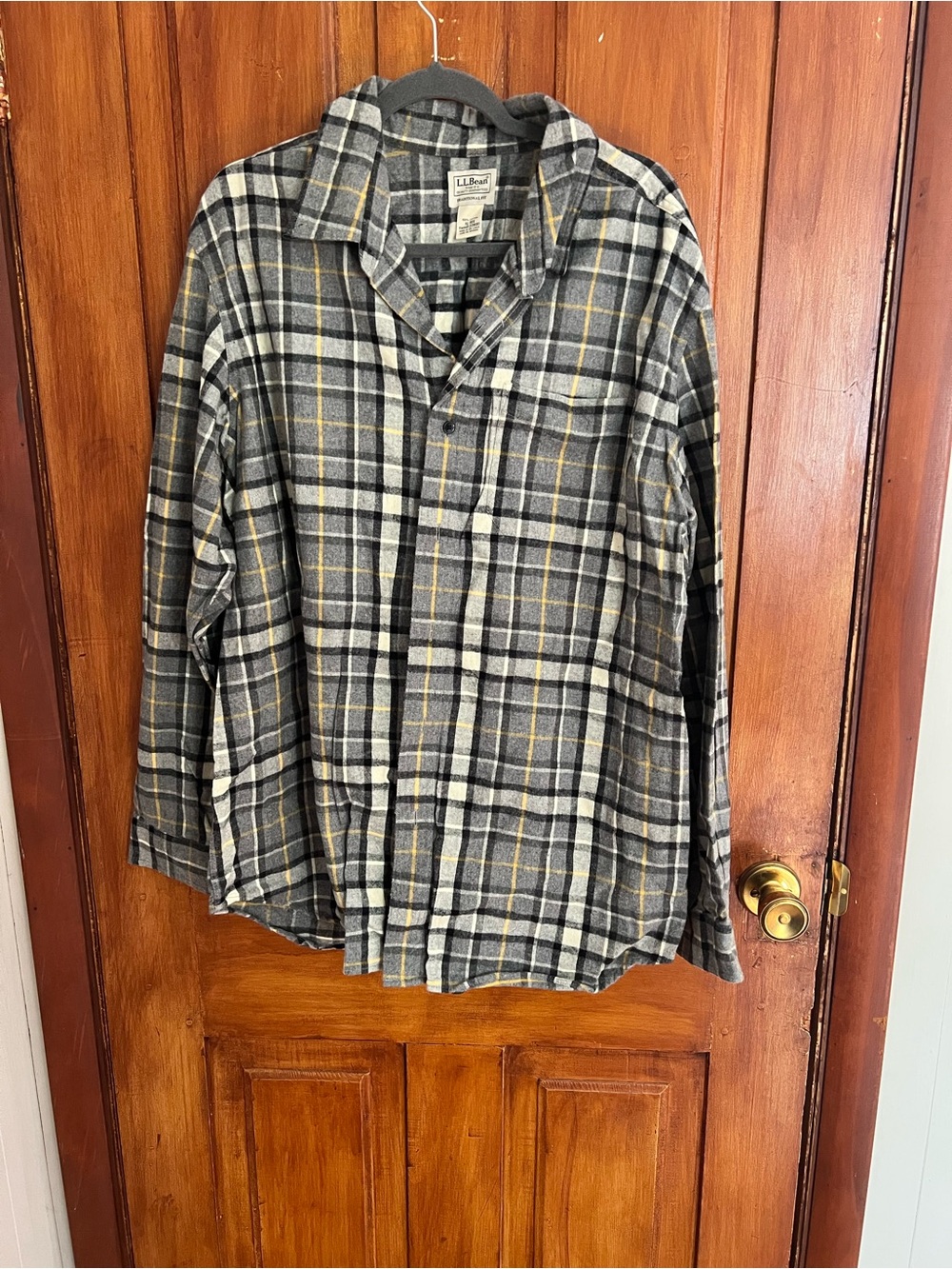 L.L. Bean Men's Gray and Black Plaid Button-Down with Yellow Accent